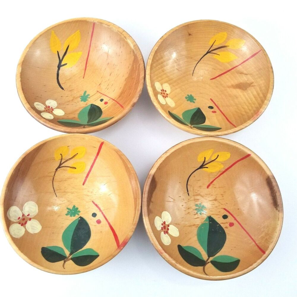 4 Vtg Vermont Hardwood Salad Serving Bowl Serving Fork & Spoon Handpainted BOHO